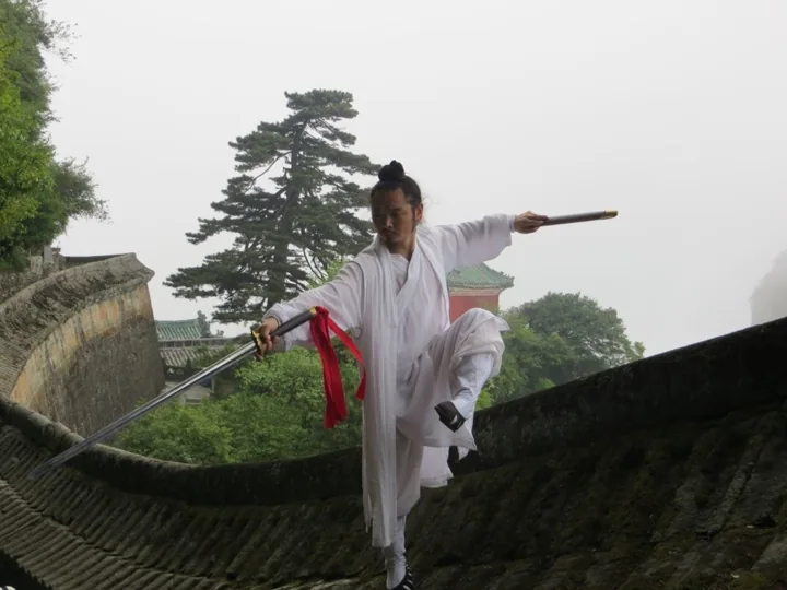 Chen Shiyu practising sword — archive photograph.