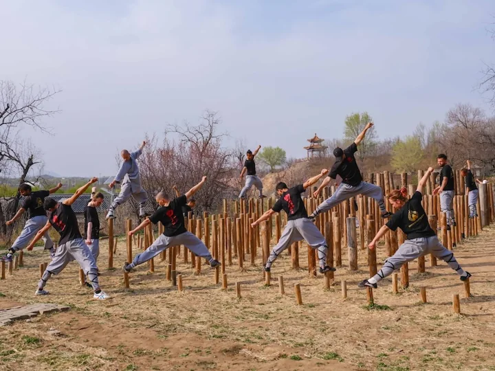 Students practise balanced stances among wooden training poles.