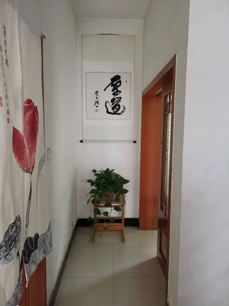 A narrow white hallway with lotus decoration, calligraphy and a potted plant.