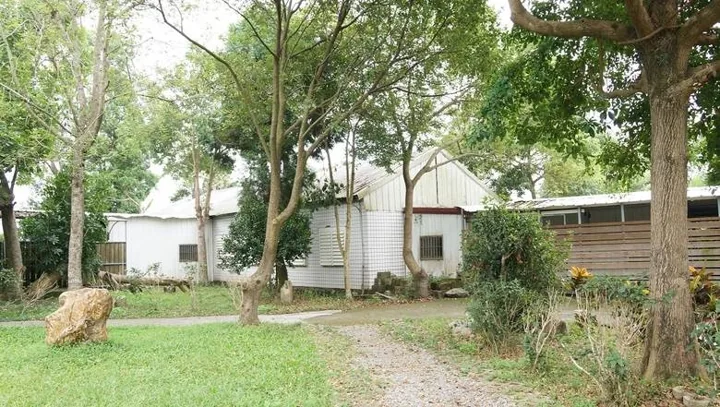 Earlier Dhammodaya hall beside trees and a grassy path.