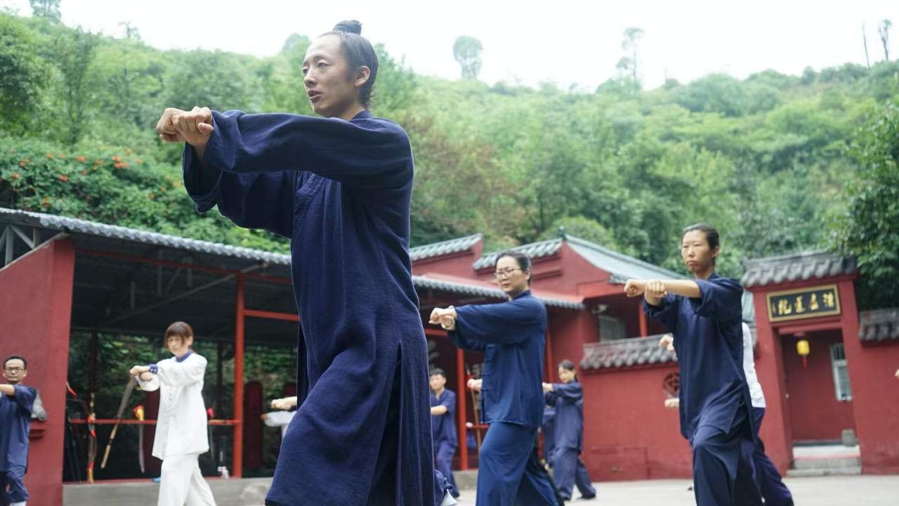 Ein Lehrer im dunklen Gewand leitet Tai-Chi in einem Tempelhof mit roten Mauern.