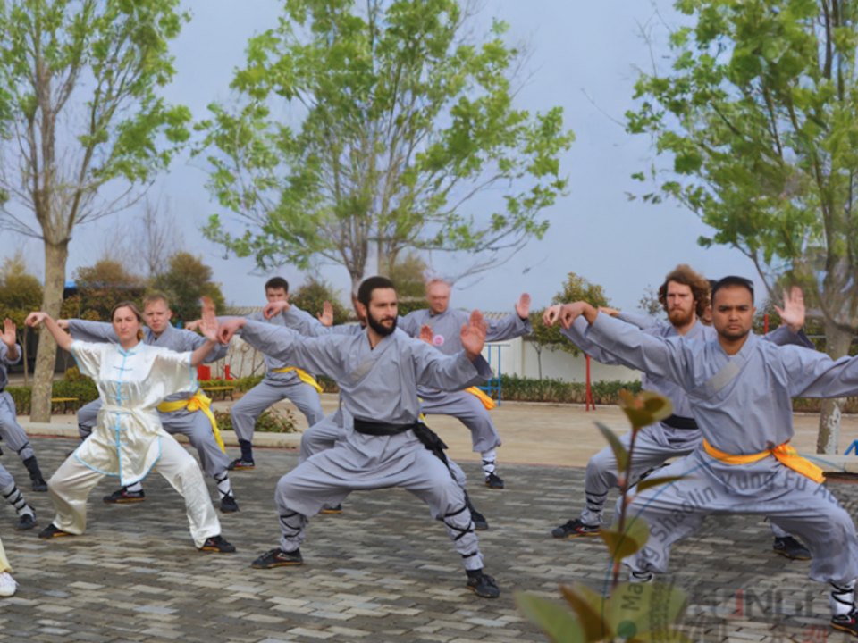 A group in grey training clothes performs tai chi outdoors.