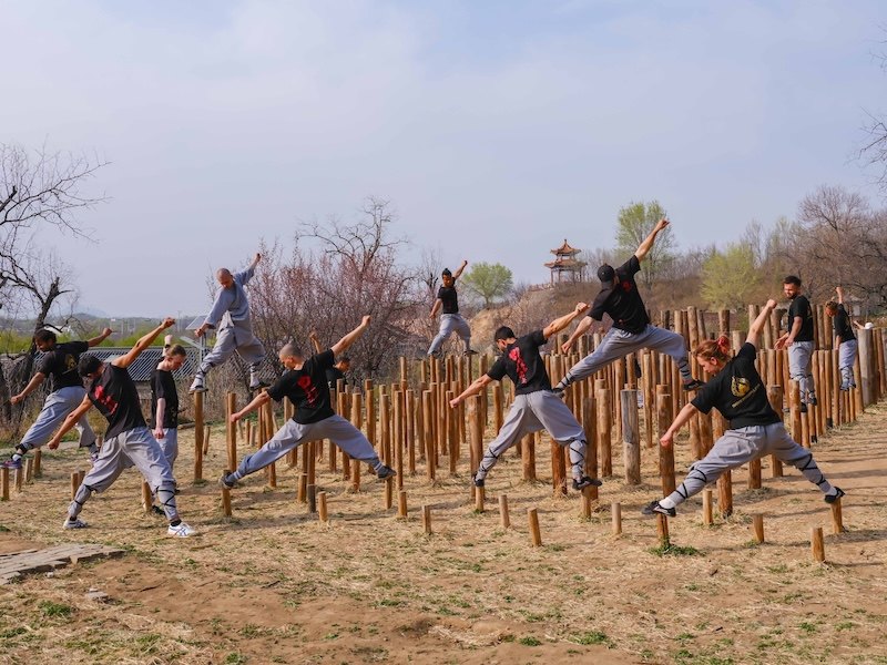 Students practise balanced stances among wooden training poles.